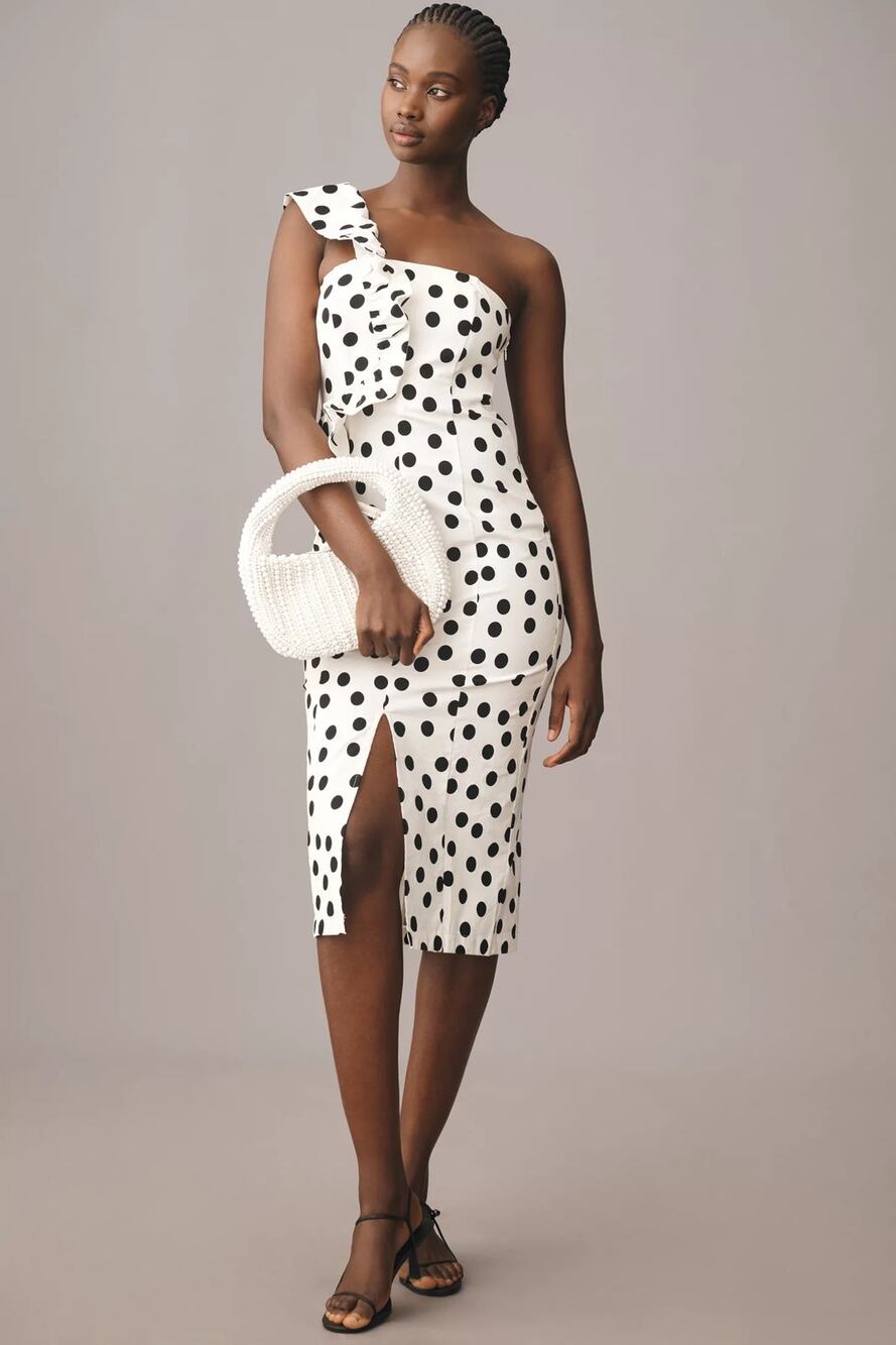 NWT By Anthropologie Polka Dot Ruffle One-Shoulder Dress XL Pinup Wedding Guest